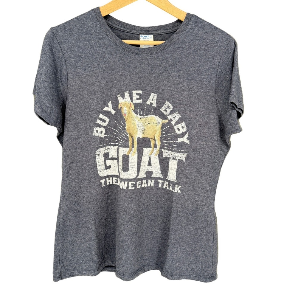 Port & Company Women's L Buy Me A Baby Goat Graphic T-Shirt Gray Novelty